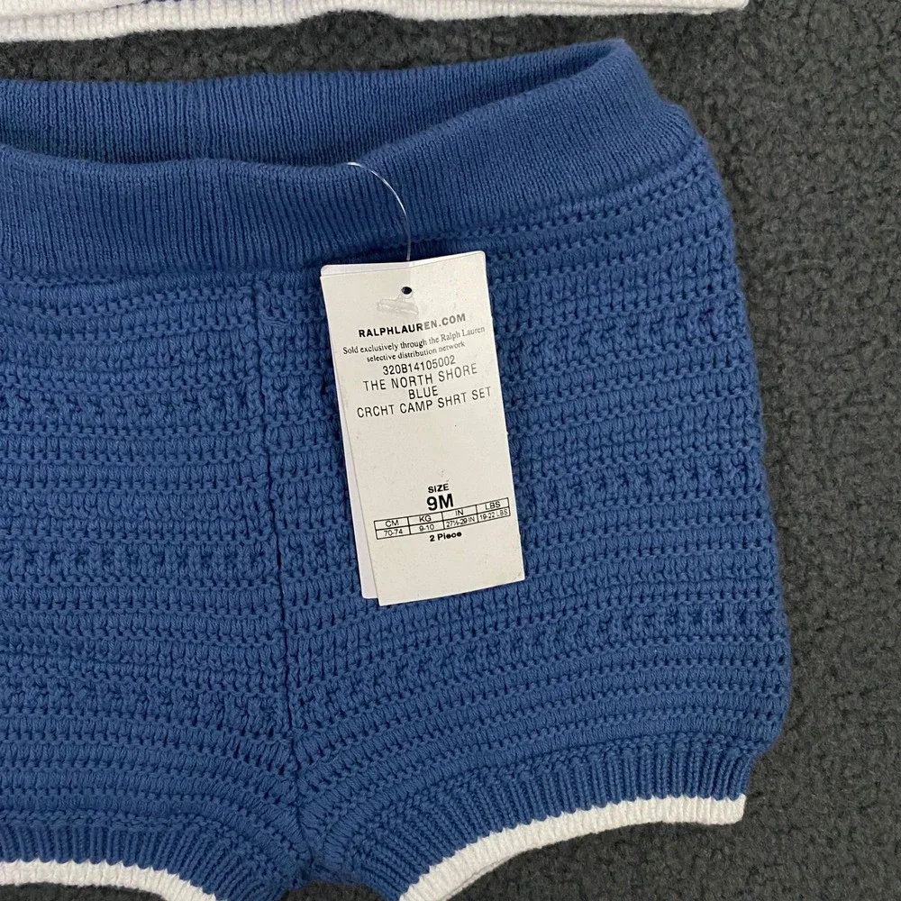 Ralph Lauren Crochet Camp Shirt Set Baby 9 Months Blue 2 Piece Knit Preppy
